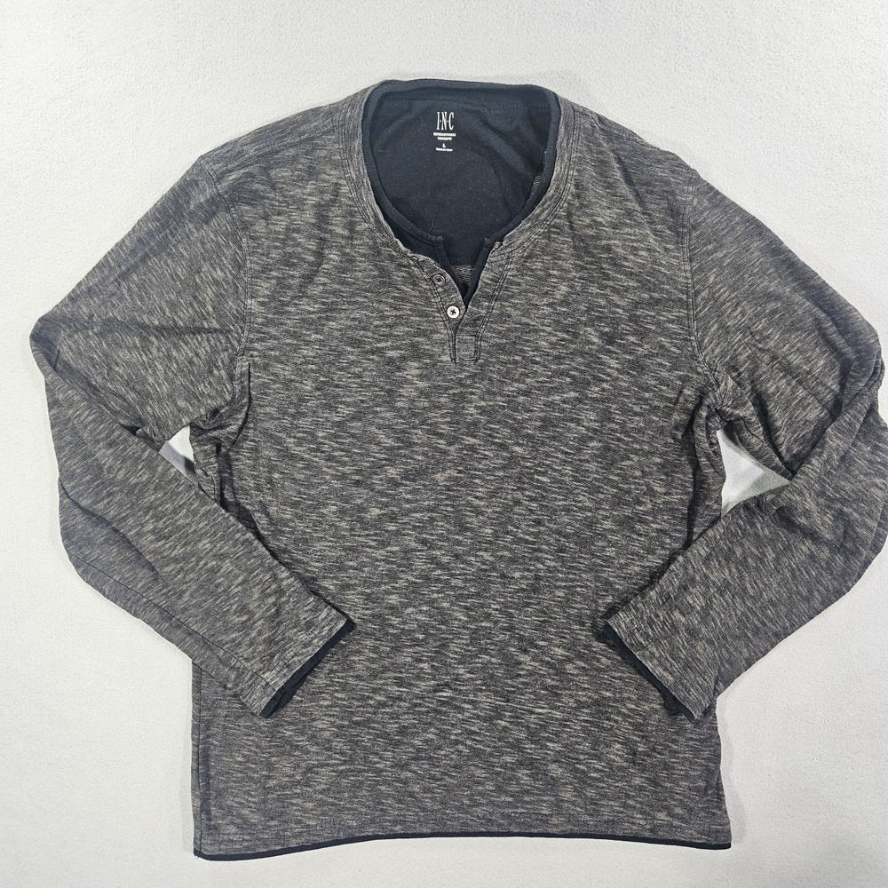 INC International Concepts Men's L Gray Black Cotton Henley Long Sleeve T-Shirt
